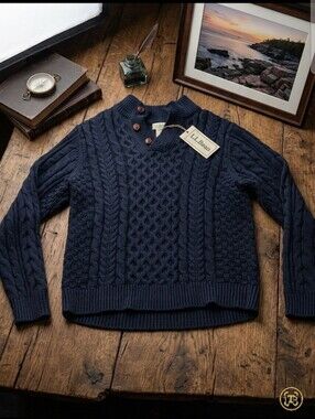 L.L. Bean Navy Cable-Knit Sweater with Button Plackets